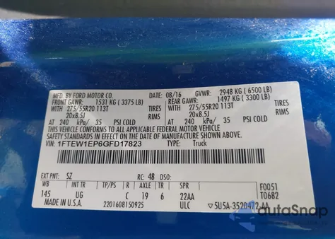 2016 Ford F-150 Xlt из США, поврежденный, VIN 1FTEW1EP6GFD17823